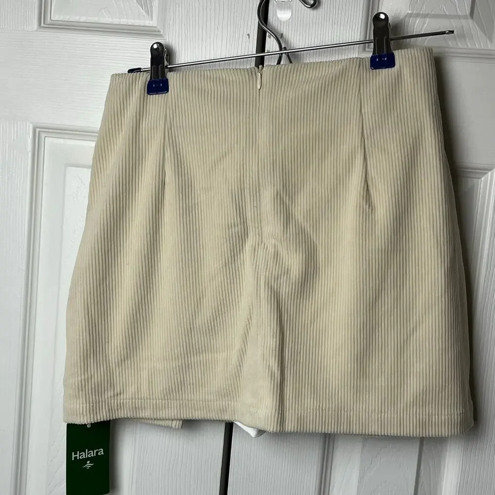 Halara Skirt High Waisted Back Zipper Split Hem 2-in-1 Corduroy Casual Cream S